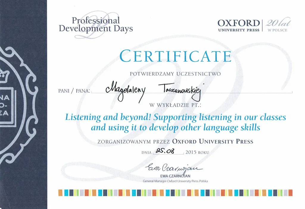 Certyfikat Oxford University Press - kolejna edycja