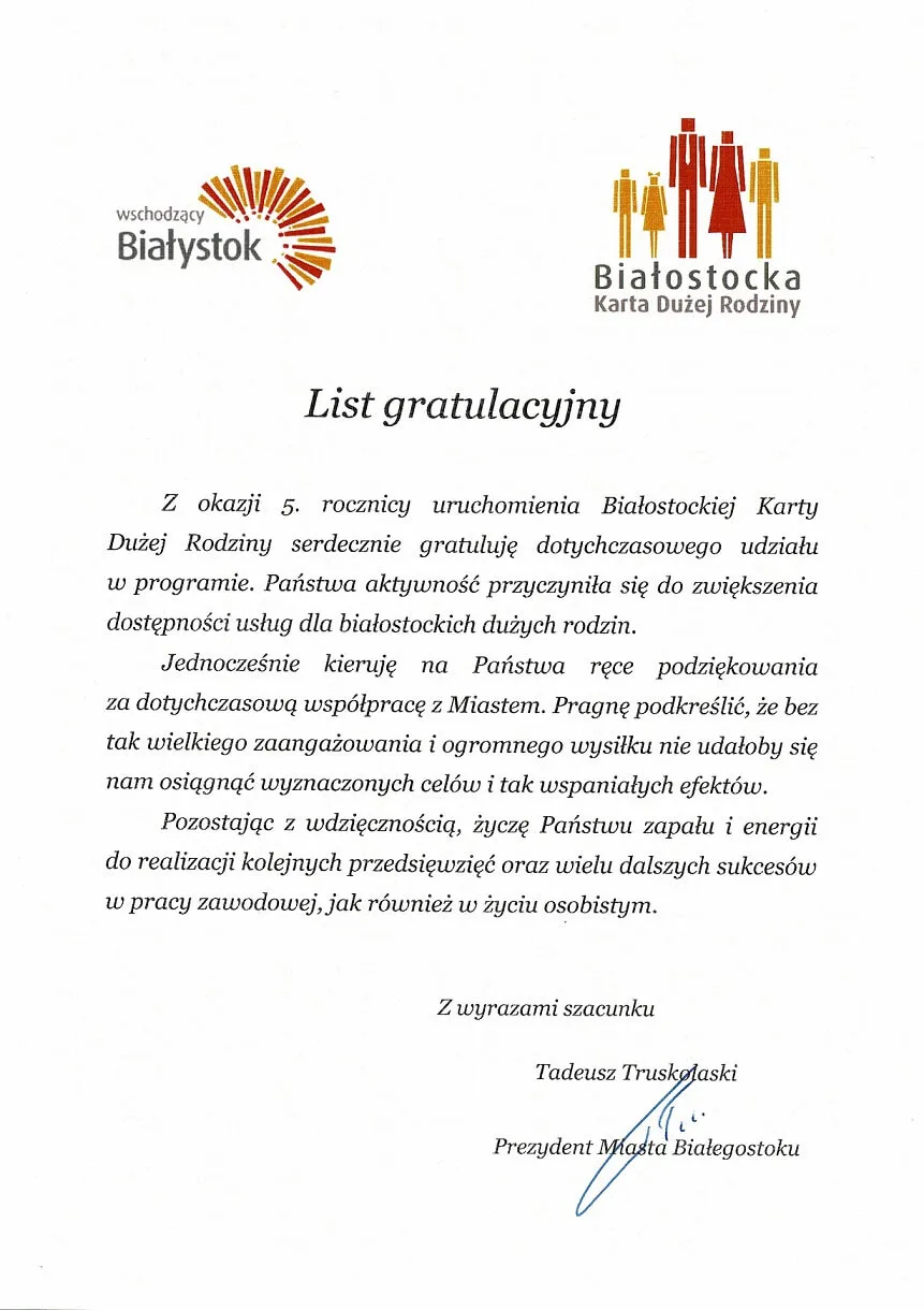 List gratulacyjny - Białostocka Karta Dużej Rodziny