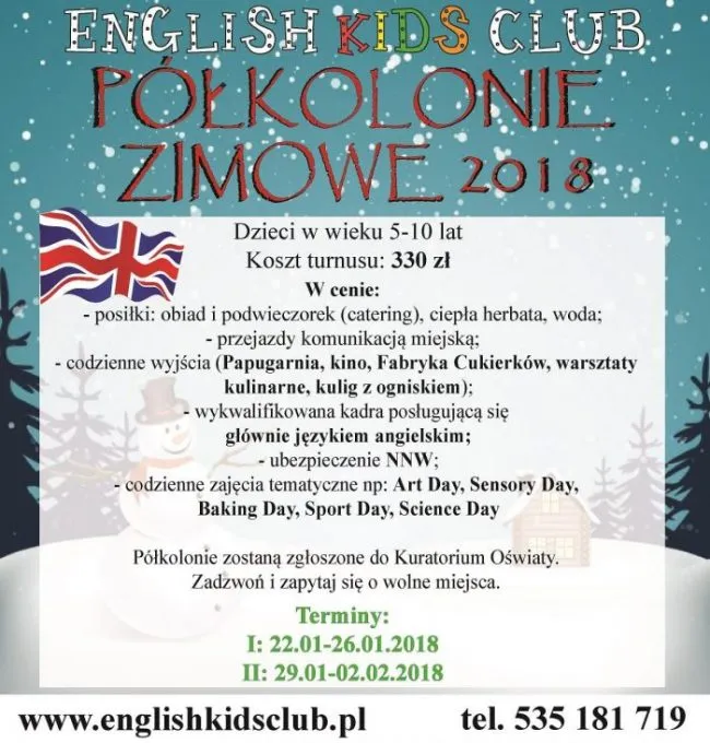 Półkolonie zimowe 2018 - zapisy w English Kids Club